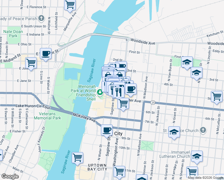 map of restaurants, bars, coffee shops, grocery stores, and more near 821 Saginaw Street in Bay City