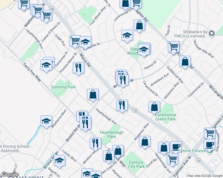 map of restaurants, bars, coffee shops, grocery stores, and more near 865 Bristol Road West in Mississauga