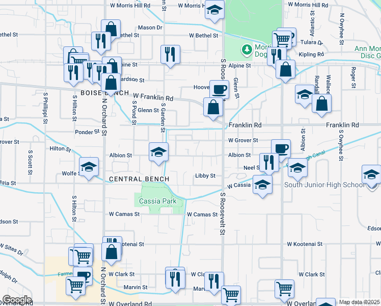 map of restaurants, bars, coffee shops, grocery stores, and more near 4402 Albion Street in Boise