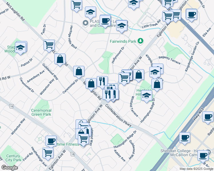 map of restaurants, bars, coffee shops, grocery stores, and more near 396 Everton Drive in Mississauga
