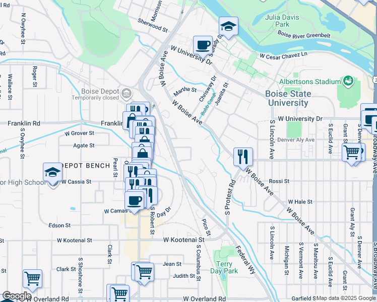 map of restaurants, bars, coffee shops, grocery stores, and more near 139 Willoway Drive in Boise