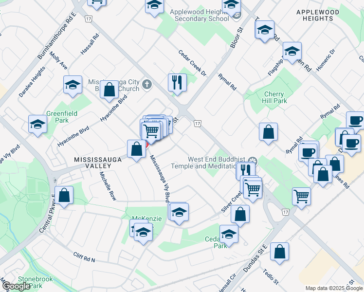 map of restaurants, bars, coffee shops, grocery stores, and more near 3297 Candela Drive in Mississauga
