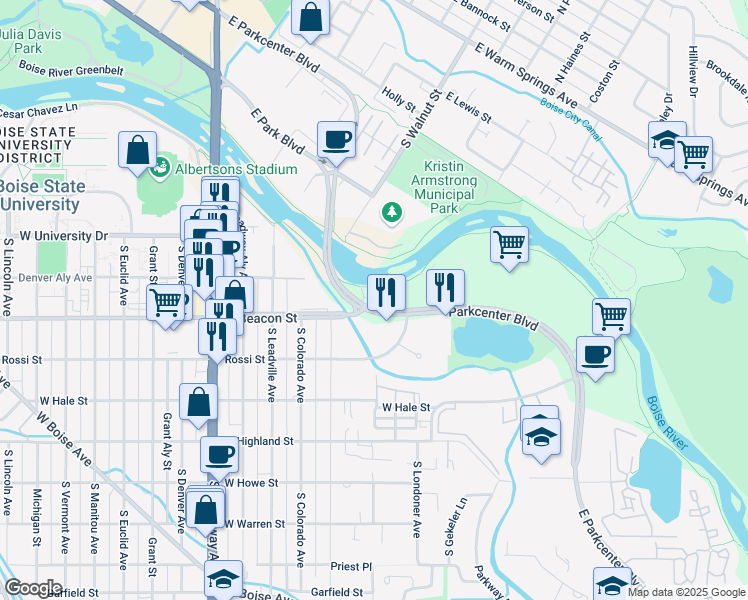 map of restaurants, bars, coffee shops, grocery stores, and more near 444 East Parkcenter Boulevard in Boise