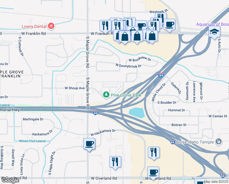 map of restaurants, bars, coffee shops, grocery stores, and more near 8704 West Pine Valley Lane in Boise
