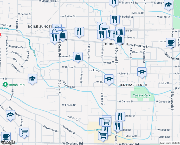map of restaurants, bars, coffee shops, grocery stores, and more near 518 South Phillippi Street in Boise