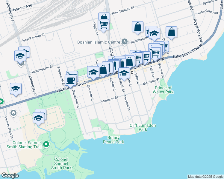 map of restaurants, bars, coffee shops, grocery stores, and more near 94 Eighth Street in Toronto