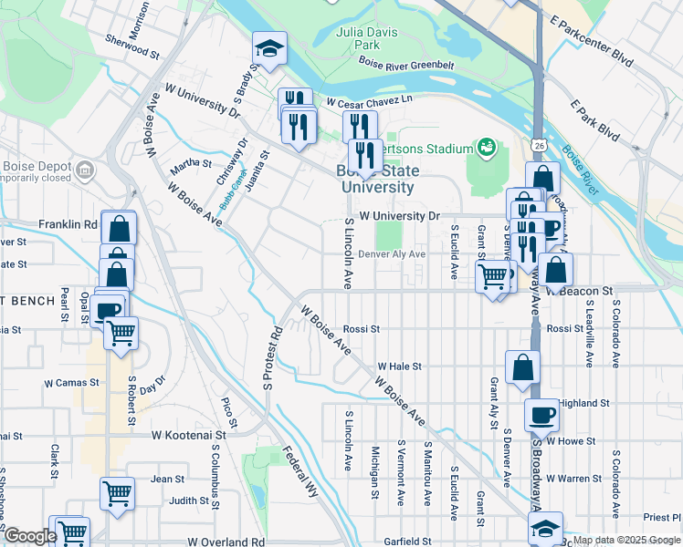 map of restaurants, bars, coffee shops, grocery stores, and more near 1114 South Lincoln Avenue in Boise