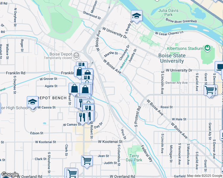 map of restaurants, bars, coffee shops, grocery stores, and more near 139 Willoway Drive in Boise