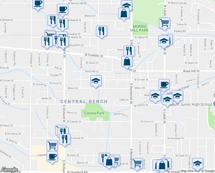 map of restaurants, bars, coffee shops, grocery stores, and more near 4402 Albion Street in Boise