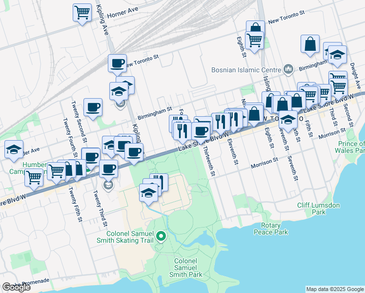 map of restaurants, bars, coffee shops, grocery stores, and more near in Toronto