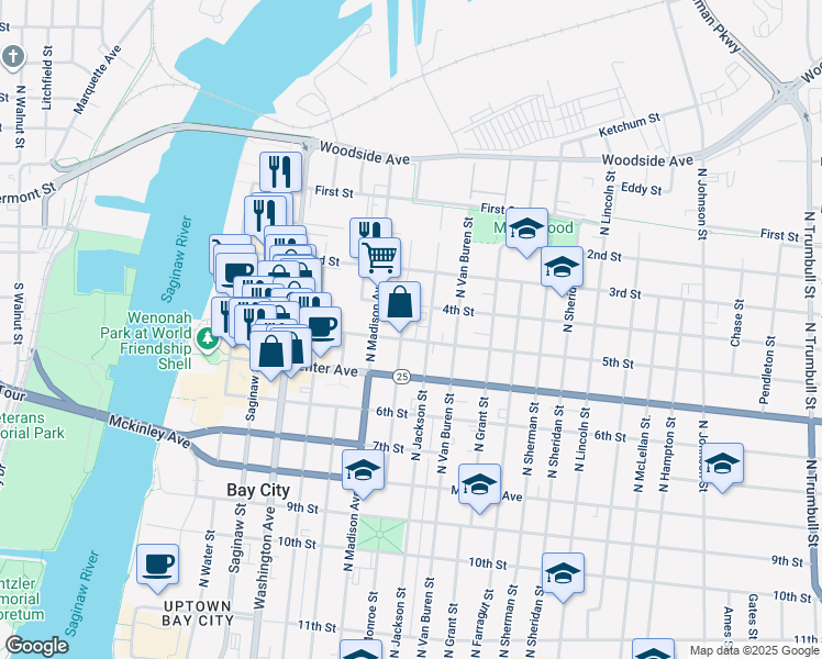 map of restaurants, bars, coffee shops, grocery stores, and more near 906 North Monroe Street in Bay City