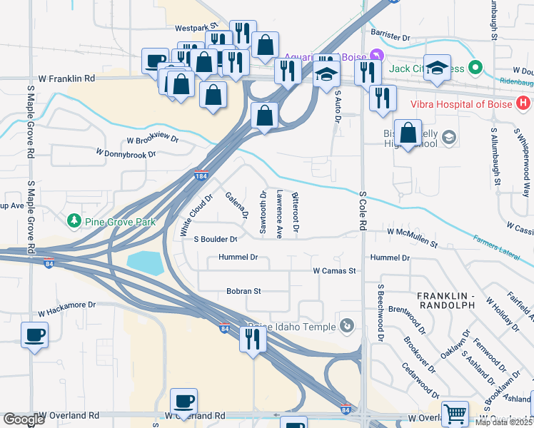 map of restaurants, bars, coffee shops, grocery stores, and more near 600 Sawtooth Drive in Boise