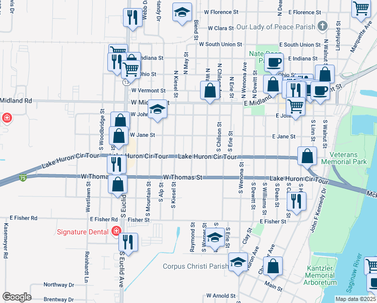 map of restaurants, bars, coffee shops, grocery stores, and more near 312 Raymond Street in Bay City