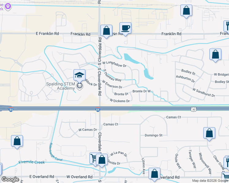 map of restaurants, bars, coffee shops, grocery stores, and more near 12034 West Bronte Drive in Boise