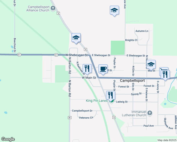 map of restaurants, bars, coffee shops, grocery stores, and more near 125 Martin St in Campbellsport