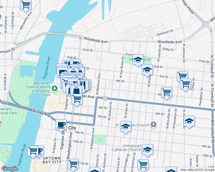 map of restaurants, bars, coffee shops, grocery stores, and more near 906 North Monroe Street in Bay City