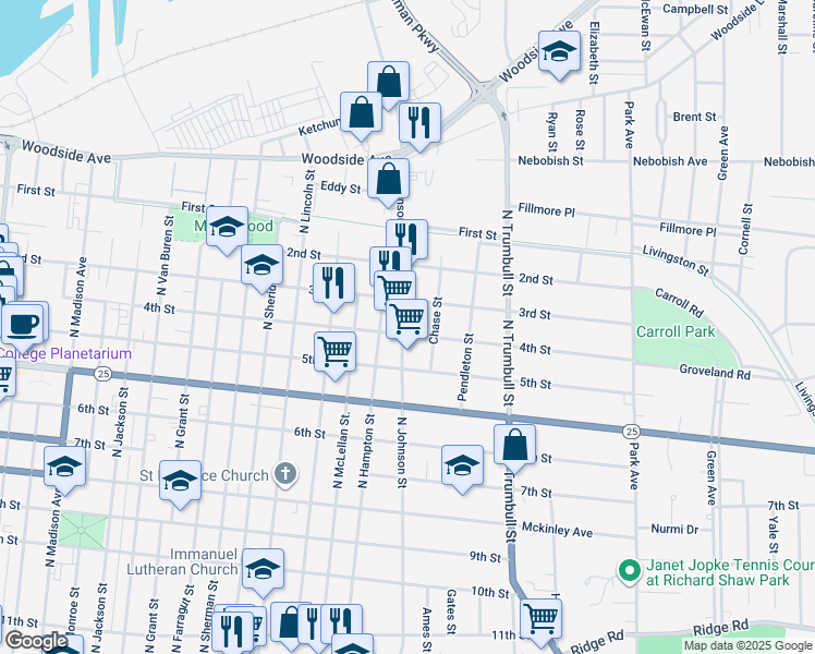 map of restaurants, bars, coffee shops, grocery stores, and more near 1004 North Johnson Street in Bay City