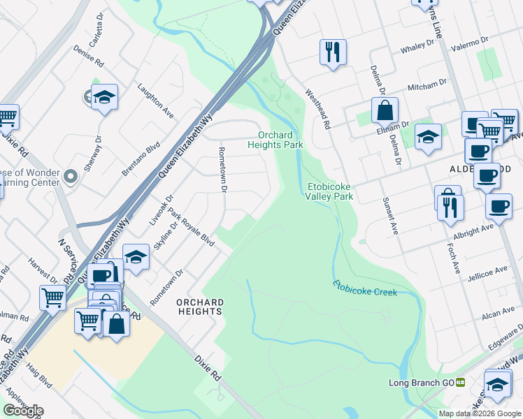map of restaurants, bars, coffee shops, grocery stores, and more near 1602 Lincolnshire Boulevard in Mississauga