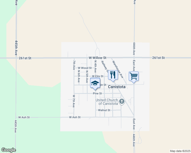 map of restaurants, bars, coffee shops, grocery stores, and more near 399 West Elm Street in Canistota