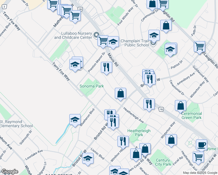 map of restaurants, bars, coffee shops, grocery stores, and more near 5312 Hollypoint Avenue in Mississauga