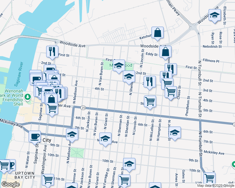 map of restaurants, bars, coffee shops, grocery stores, and more near 912 North Farragut Street in Bay City