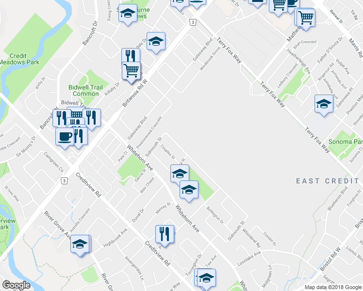 map of restaurants, bars, coffee shops, grocery stores, and more near 5929 Sidmouth Street in Mississauga
