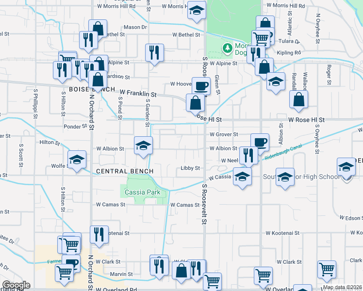 map of restaurants, bars, coffee shops, grocery stores, and more near 4312 Albion Street in Boise