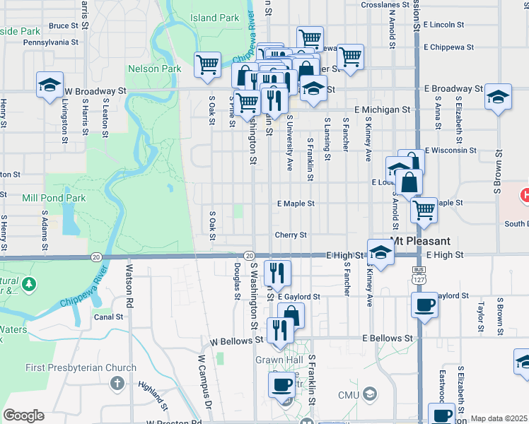 map of restaurants, bars, coffee shops, grocery stores, and more near 604 South Main Street in Mount Pleasant