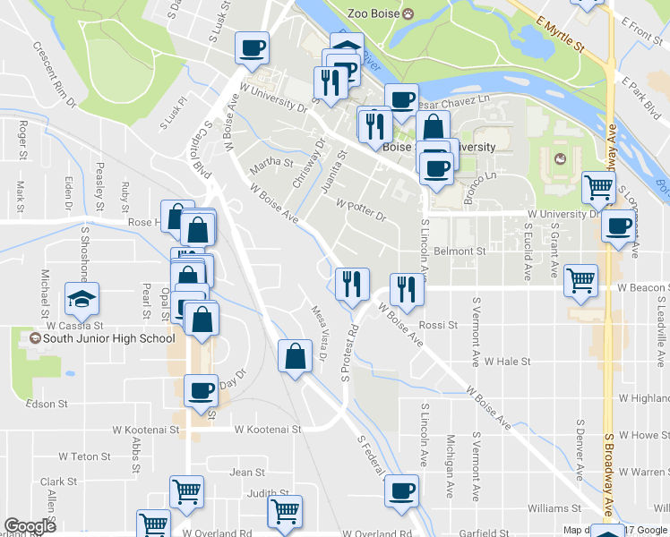 map of restaurants, bars, coffee shops, grocery stores, and more near 1711 Woodbridge Lane in Boise