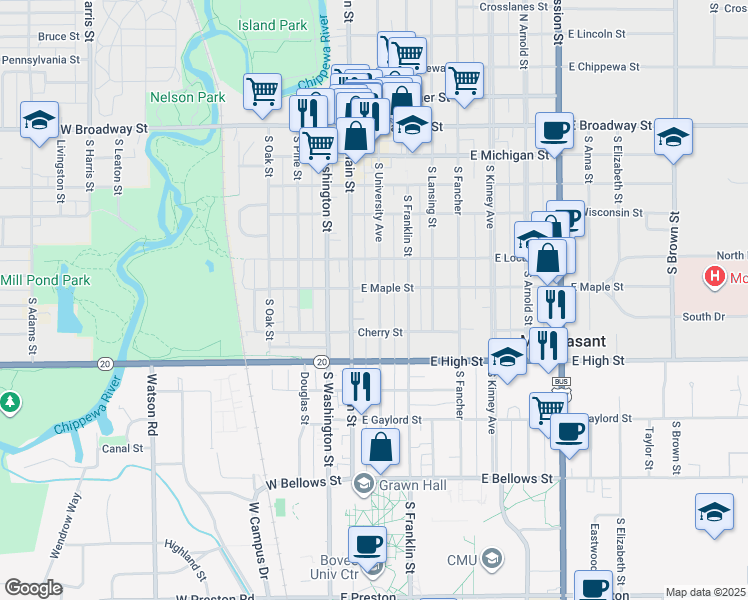 map of restaurants, bars, coffee shops, grocery stores, and more near 604 South University Avenue in Mount Pleasant