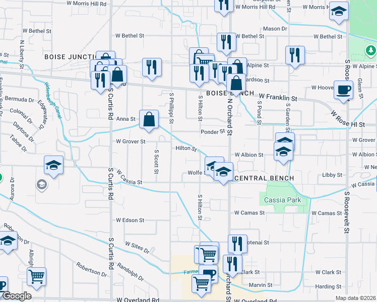 map of restaurants, bars, coffee shops, grocery stores, and more near 5255 West Grover Street in Boise