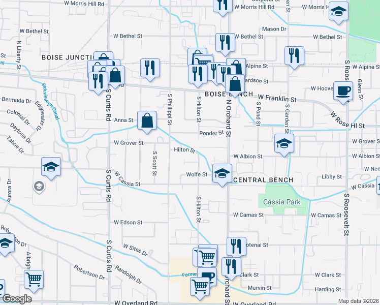 map of restaurants, bars, coffee shops, grocery stores, and more near 5255 West Grover Street in Boise