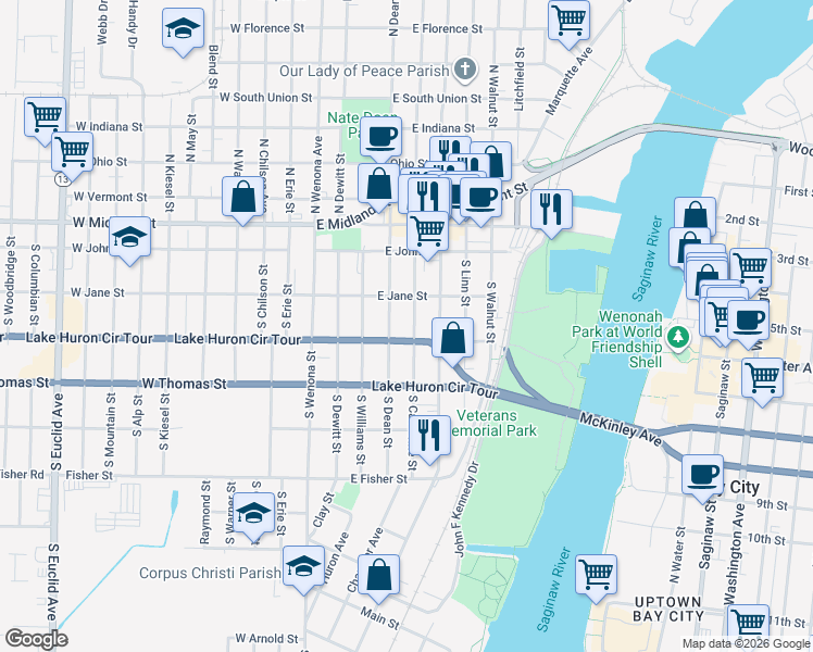 map of restaurants, bars, coffee shops, grocery stores, and more near 313 South Catherine Street in Bay City