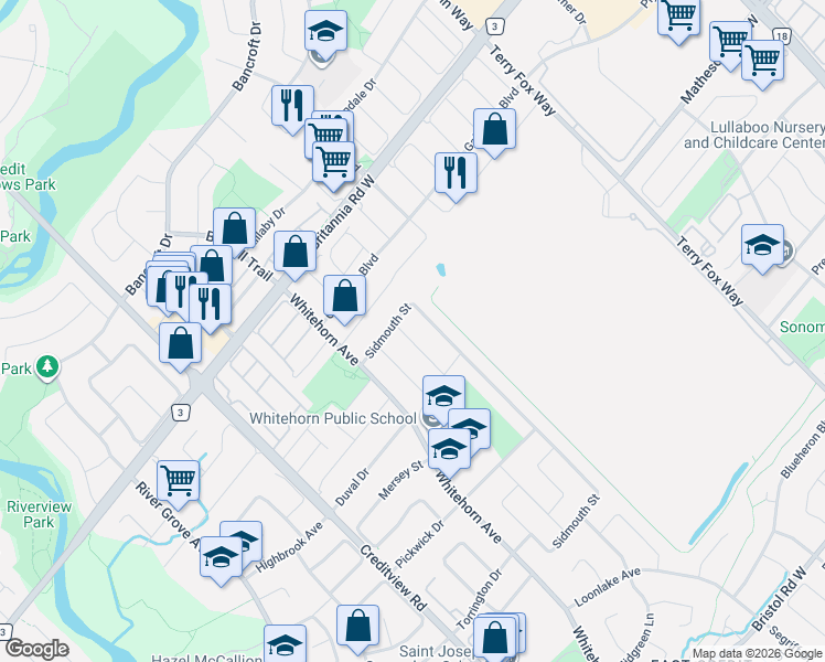 map of restaurants, bars, coffee shops, grocery stores, and more near 5981 Couples Street in Mississauga