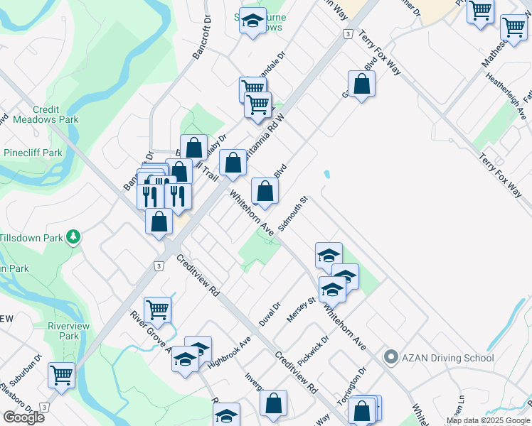 map of restaurants, bars, coffee shops, grocery stores, and more near 1349 Prestonwood Crescent in Mississauga