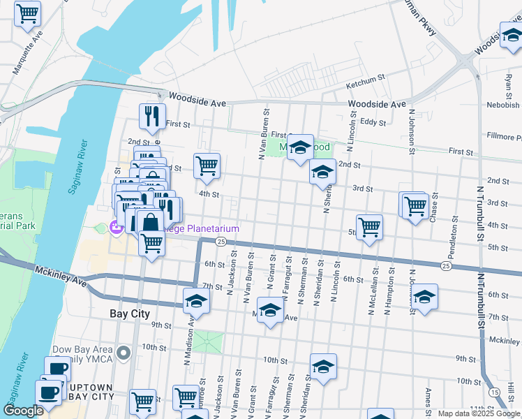 map of restaurants, bars, coffee shops, grocery stores, and more near 915 North Van Buren Street in Bay City