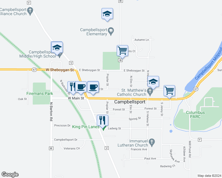 map of restaurants, bars, coffee shops, grocery stores, and more near 264 Mill Street in Campbellsport