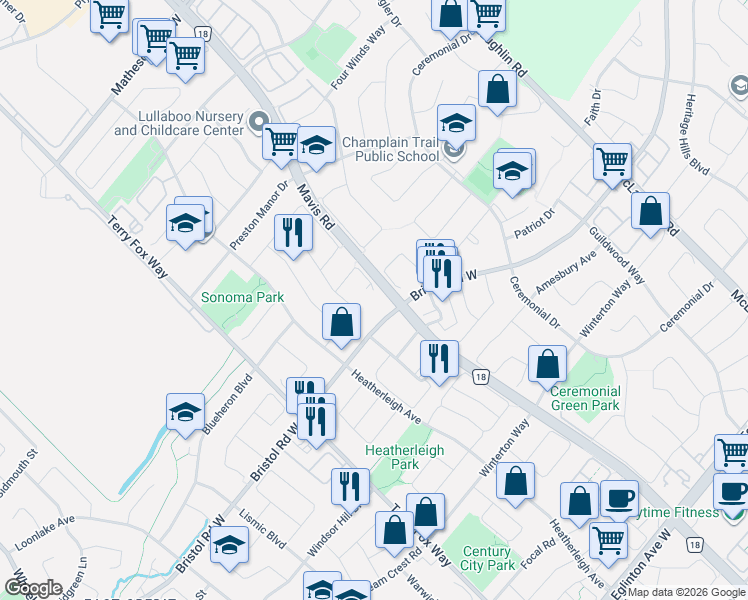 map of restaurants, bars, coffee shops, grocery stores, and more near 784 Avonshire Court in Mississauga