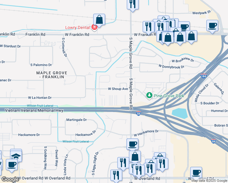 map of restaurants, bars, coffee shops, grocery stores, and more near 9195 West Shoup Avenue in Boise