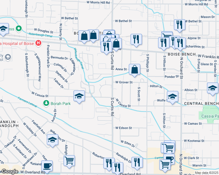 map of restaurants, bars, coffee shops, grocery stores, and more near 507 South Curtis Road in Boise