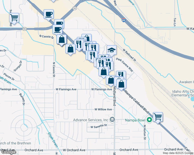 map of restaurants, bars, coffee shops, grocery stores, and more near 1117 Caldwell Boulevard in Nampa