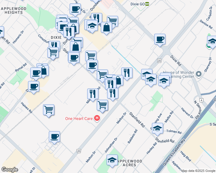 map of restaurants, bars, coffee shops, grocery stores, and more near 2385 Stanfield Road in Mississauga