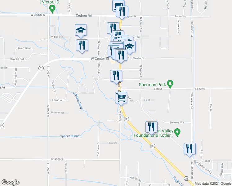 map of restaurants, bars, coffee shops, grocery stores, and more near 217 South Main Street in Victor