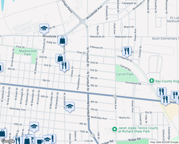 map of restaurants, bars, coffee shops, grocery stores, and more near 2116 3rd Street in Bay City