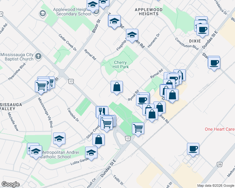 map of restaurants, bars, coffee shops, grocery stores, and more near 3128 Rymal Road in Mississauga