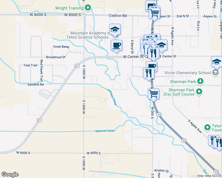 map of restaurants, bars, coffee shops, grocery stores, and more near 216 Abby Loop in Victor