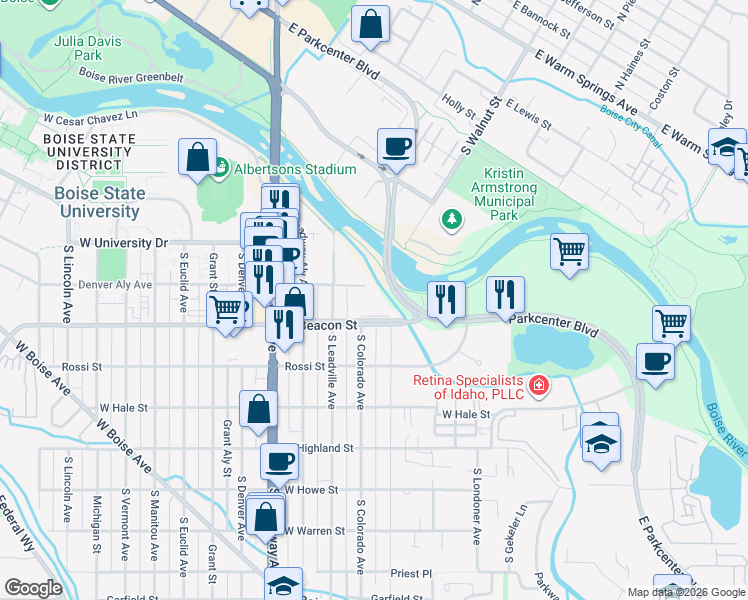 map of restaurants, bars, coffee shops, grocery stores, and more near 1140 Colorado Lane in Boise