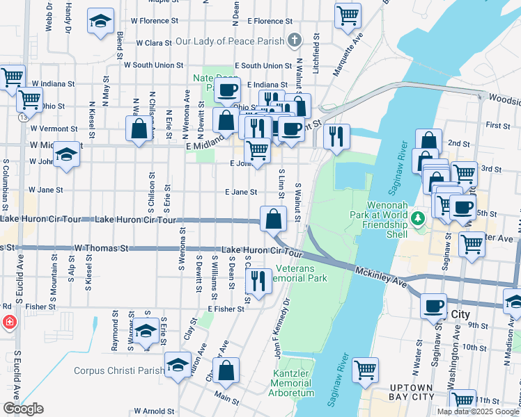 map of restaurants, bars, coffee shops, grocery stores, and more near 308 South Henry Street in Bay City