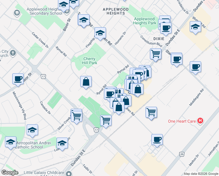 map of restaurants, bars, coffee shops, grocery stores, and more near in Mississauga