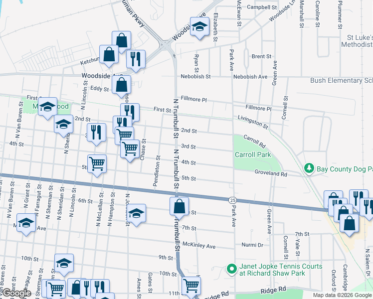 map of restaurants, bars, coffee shops, grocery stores, and more near 2116 3rd Street in Bay City